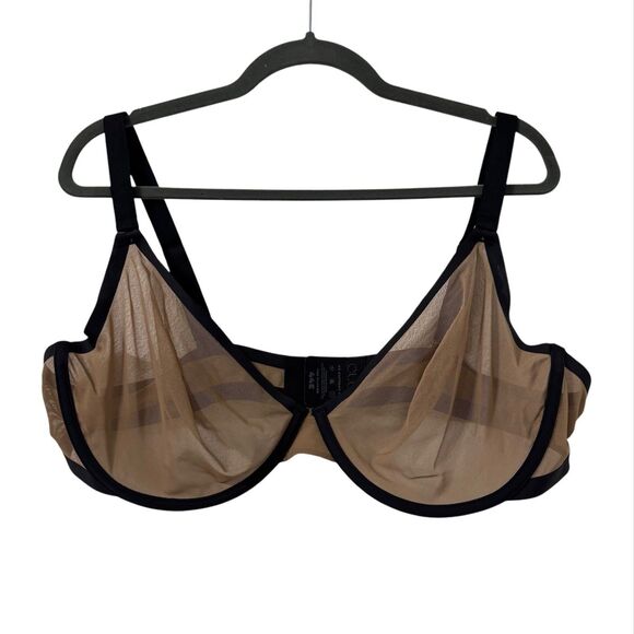 CUUP The Plunge Bra 44E Mesh Cup Underwire Tan‎ Black Unlined Lightweight - Picture 1 of 3